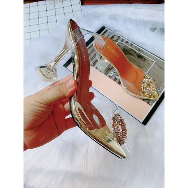 Giày sandal công chúa quai trong đính hoa đá vàng gót ly 8p hàng vnxk cao cấp cực chanh xả