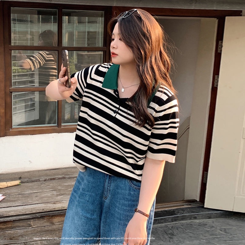 Áo polo Dệt Kim Tay Ngắn Dáng Rộng Họa Tiết Kẻ Sọc Thời Trang Mùa Hè Mới Cho Nữ Có Size Lớn