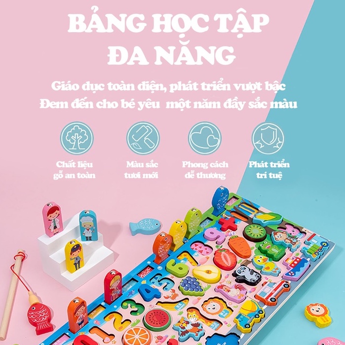Bảng số, chữ, hình, câu cá nhiều dòng - bảng số gỗ thông minh LENGKENG đa năng cho bé