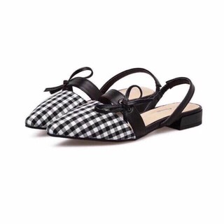 Sandal bệt mũi nhọn caro, quai nơ