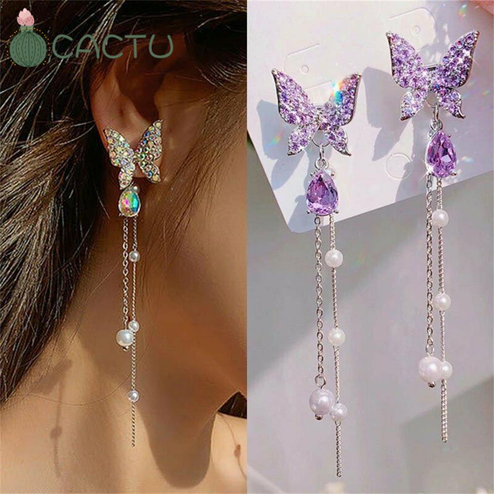 Khuyên tai tua rua hình bướm đính đá giả và ngọc trai giả thời trang cho nữ