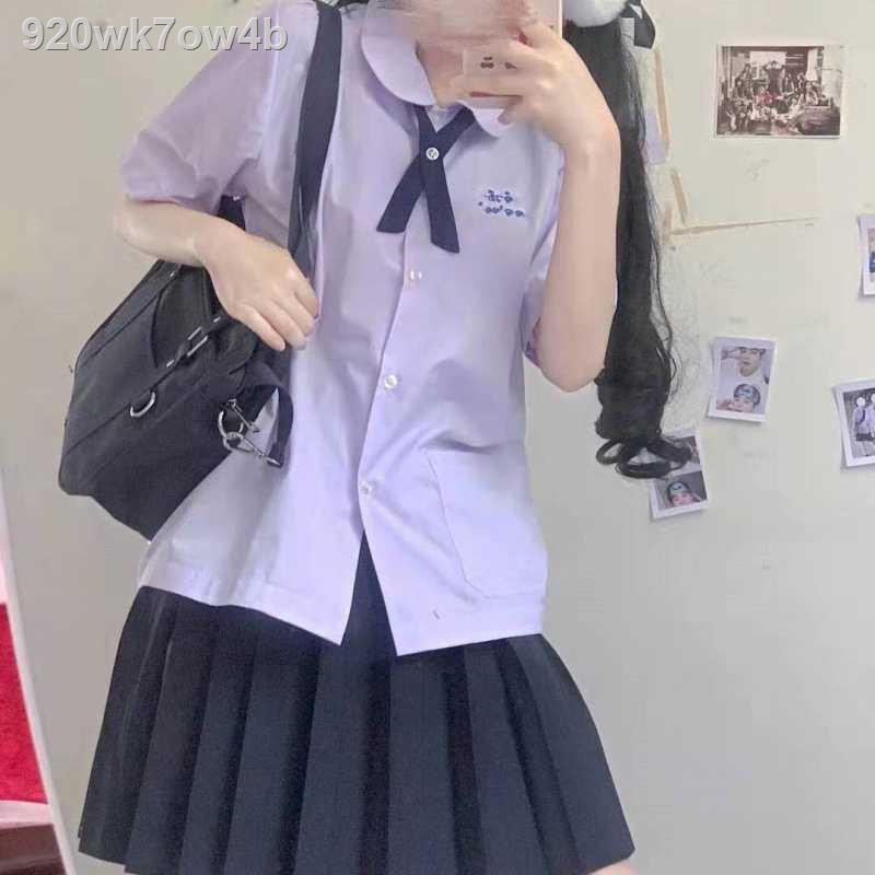 ◑℡☬> Áo sơ mi đồng phục học sinh Thái Lan đại kiểu hai mảnh màu oải hương JK thêu rời + váy xếp ly đen thời trang