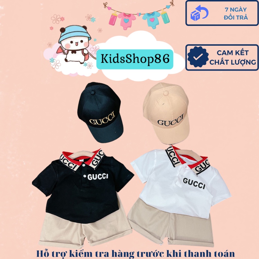 BỘ QUẦN ÁO CỘC TAY GUCCI CÓ MŨ + ÁO CÓ CỔ BO DỆT THÊU CHỮ KÈM QUẦN THÔ KAKI SIÊU CHẤT CHO BÉ TRAI SIZE 7-19KG [CT65]