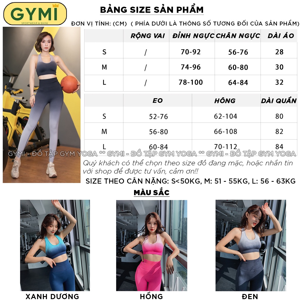 Set bộ đồ tập gym yoga nữ GYMI SET09 gồm áo bra thể thao và quần legging cạp cao chun mông chất dệt co giãn