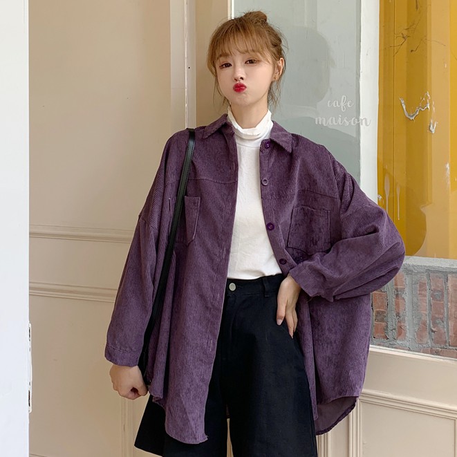 Áo Khoác Cardigan Nhung Kẻ Dài Tay Dáng Rộng Màu Trơn Phong Cách Retro Hàn Quốc