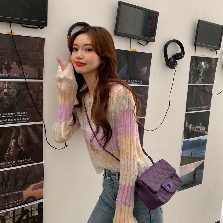 Áo sweater Mỏng Cổ Tròn Mềm Mại Phối Màu Tương Phản Phong Cách Hàn Quốc Thời Trang Xuân Thu Cho Nữ