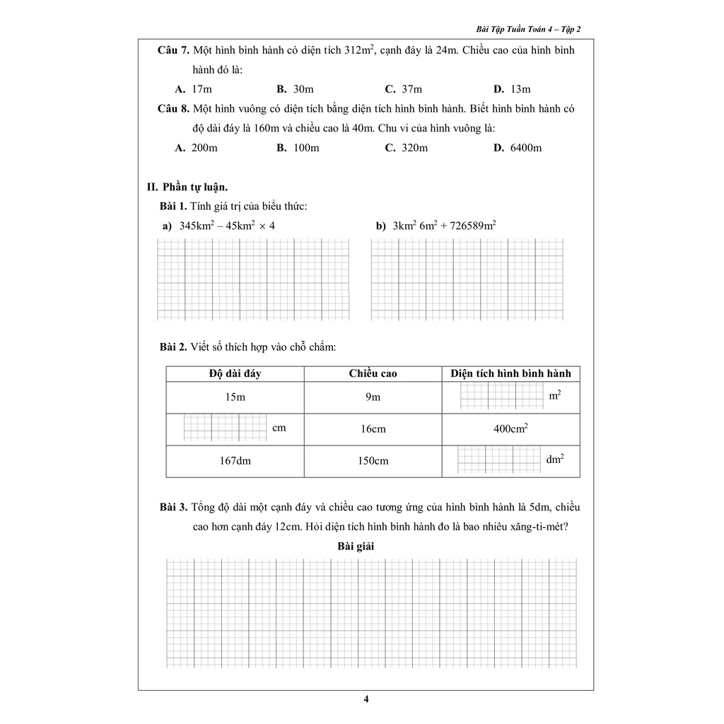 Sách - Bài Tập Tuần Toán Lớp 4 - Tập 2 (1 cuốn)