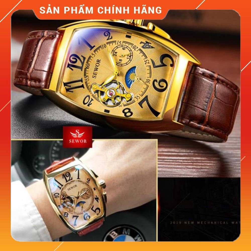 [CHẤT LƯỢNG] Đồng Hồ Cơ Nam Automatic Chính Hãng SEWOR Dây Da Mặt Vuông Sang Trọng Đẳng Cấp