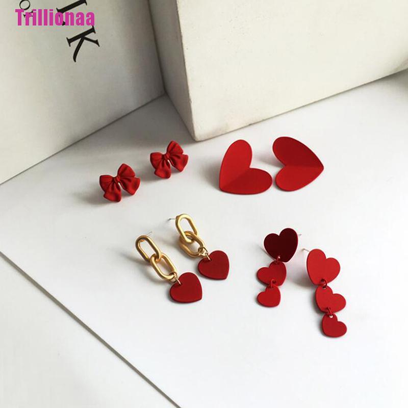 Bông Tai Hình Nơ / Trái Tim Màu Đỏ Ngọt Ngào Thời Trang Cho Nữ