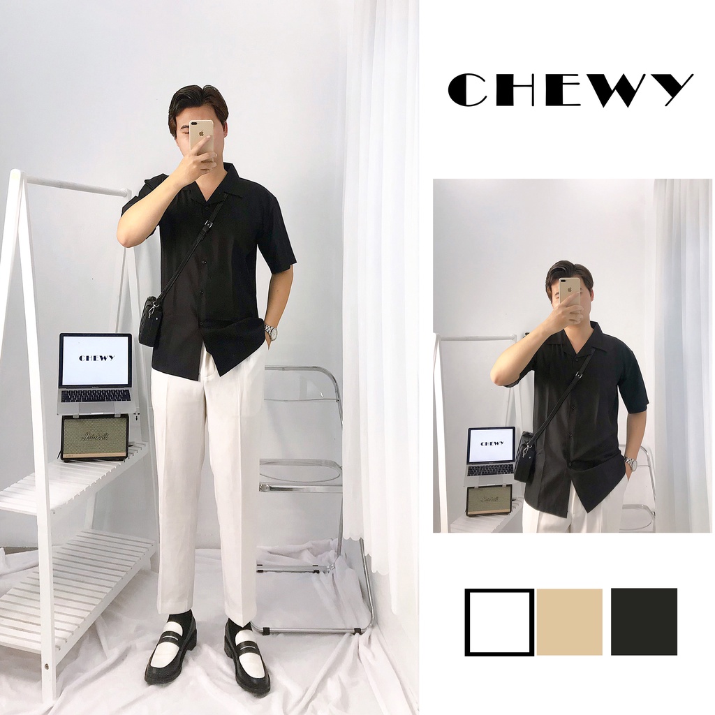 Áo sơ mi tay ngắn đủ size nam nữ cổ vest form rộng, sơ mi cộc tay unisex Hàn Quốc, chất vải cotton lụa - CHEWY Story