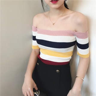 Áo trễ vai len gân sọc màu