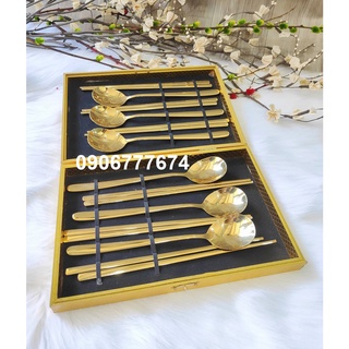 BỘ 6 đôi đũa và 6 muỗng Hàn Quốc có hộp mạ vàng sang trọng (có bán lẻ) [Có sẵn] [Ảnh thật]