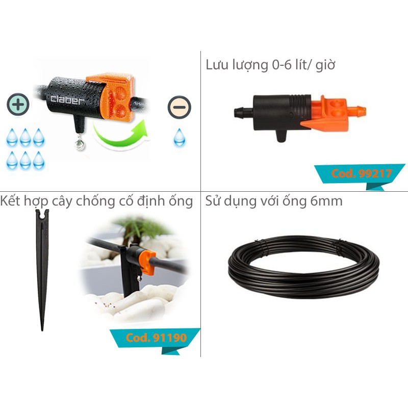 Hệ thống tưới nhỏ giọt [Made in Italy] Claber Drip Kit 10, đầu tưới điều chỉnh 0-6l/giờ