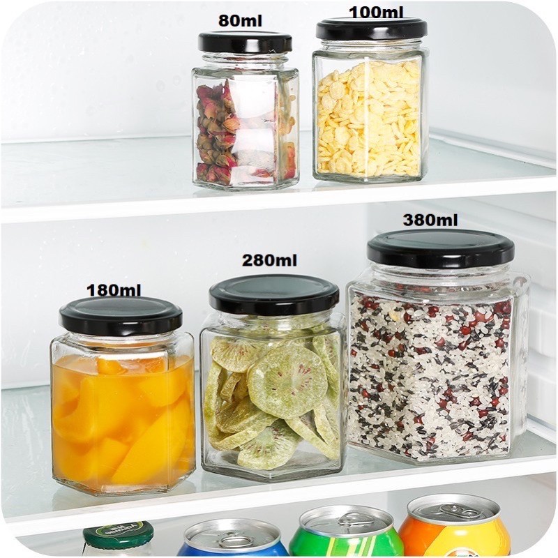 HỦ LỤC GIÁC THUỶ TINH NẮP THIẾC ĐEN- VÀNG