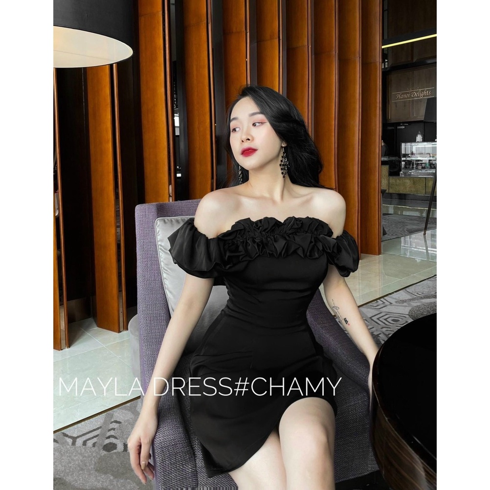 [ Miễn phí ship 2022 ] Đầm nữ công chúa dự tiệc, đầm đen trễ vai cổ bèo dáng ngắn quyến rũ, mặc siêu tôn dáng