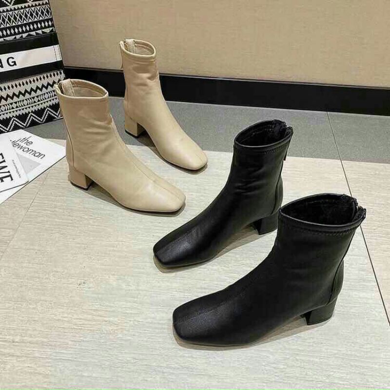 boot cổ cao gót 5cm da lỳ