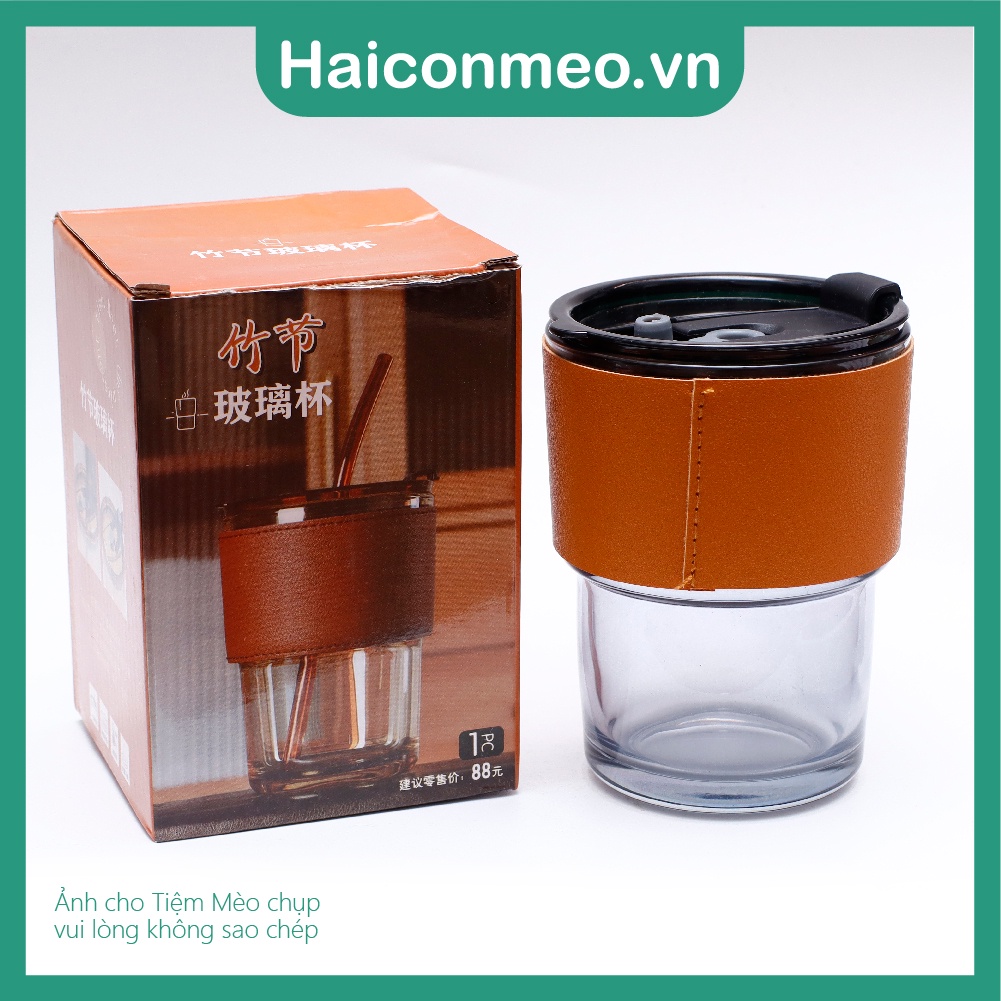 Ly cốc thủy tin có bao da kèm nắp ống hút 450ml