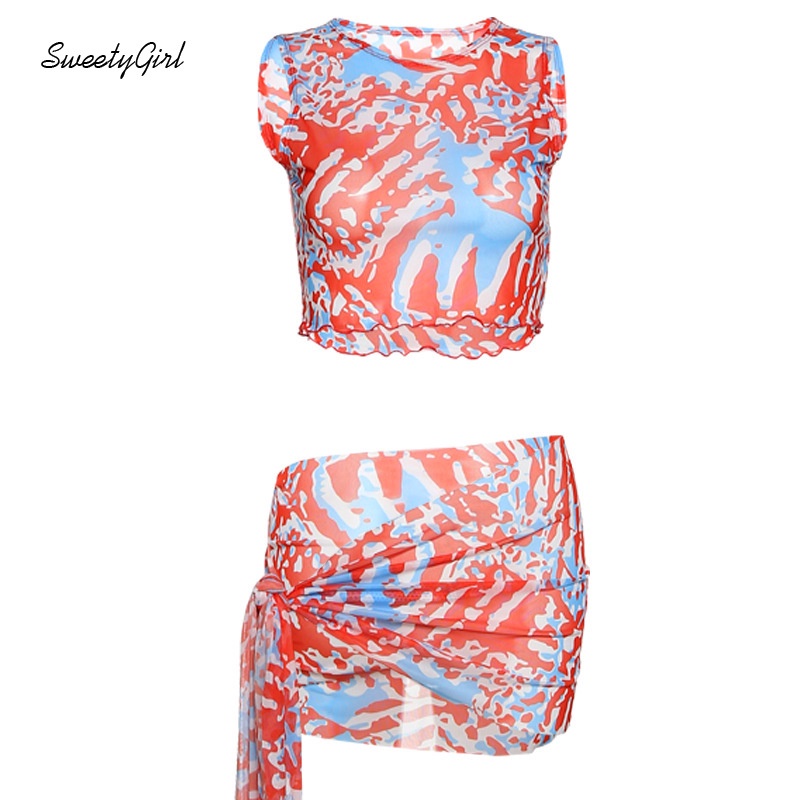 Bộ Áo Thun 2022 In Họa Tiết + Chân Váy Gợi Cảm Cho Nữ