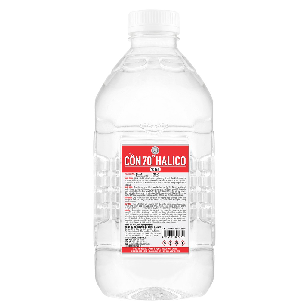 CỒN 70 ĐỘ Y TẾ SÁT KHUẨN TRỰC TIẾP FOOD GRADE ALCOHOL ETHANOL 70% CHAI 2 LÍT - CÔNG TY HALICO