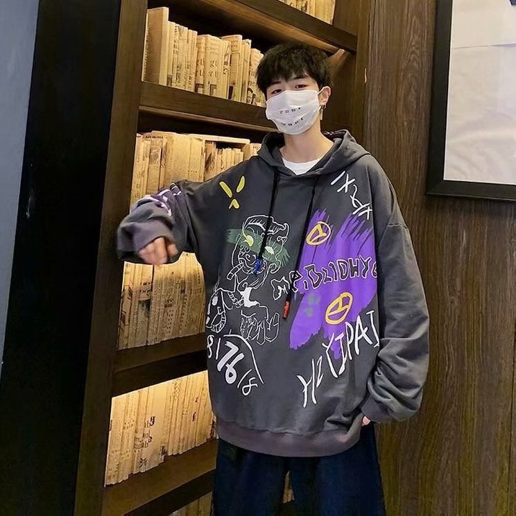 Áo hoodie dáng rộng tay dài in họa tiết graffiti gồm 3 màu sắc