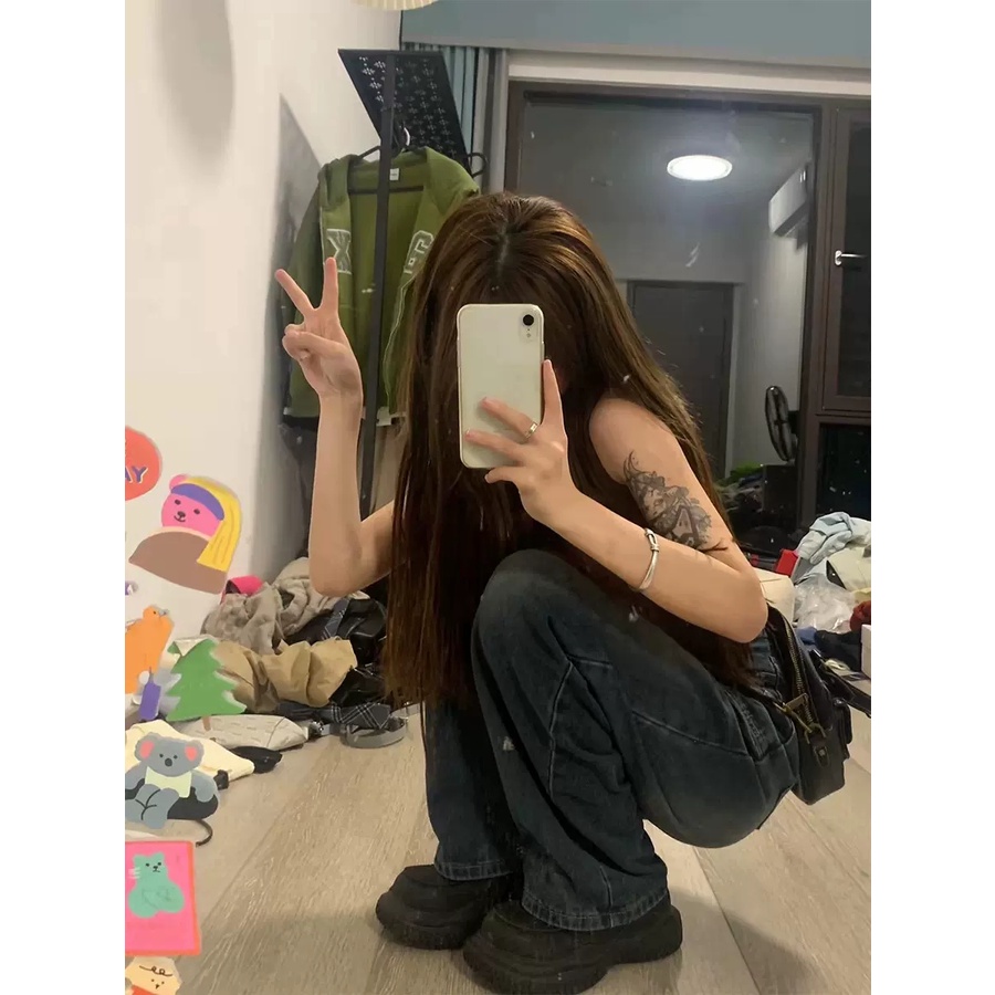 Quần jeans ZHELIHANGFEI ống rộng suông phong cách Hong Kong thời trang mùa hè cho nữ 2022