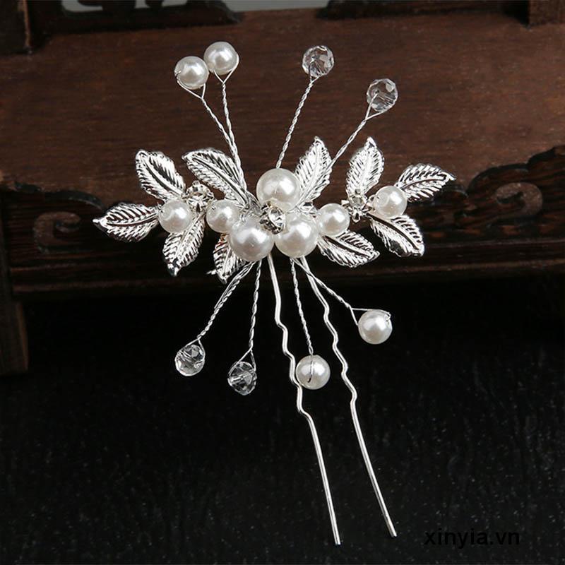 Trâm Cài Tóc Hình Chữ U Họa Tiết Lá Cây Đính Ngọc Trai Thời Trang Cho Cô Dâu