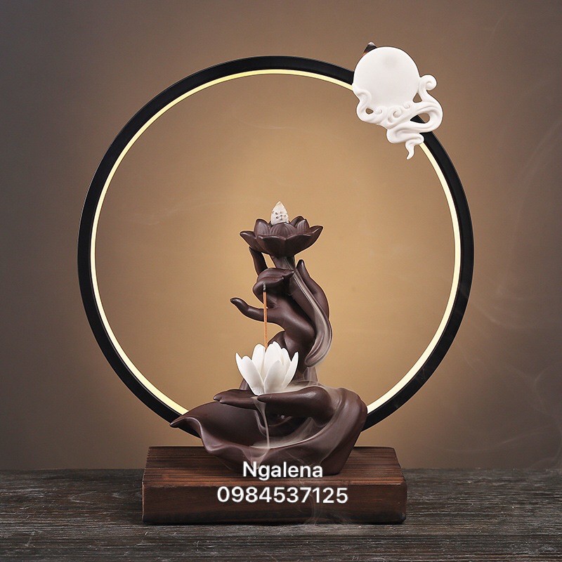 Thác khói trầm hương đèn led phật thủ liên hoa (Tặng10 nụ trầm)