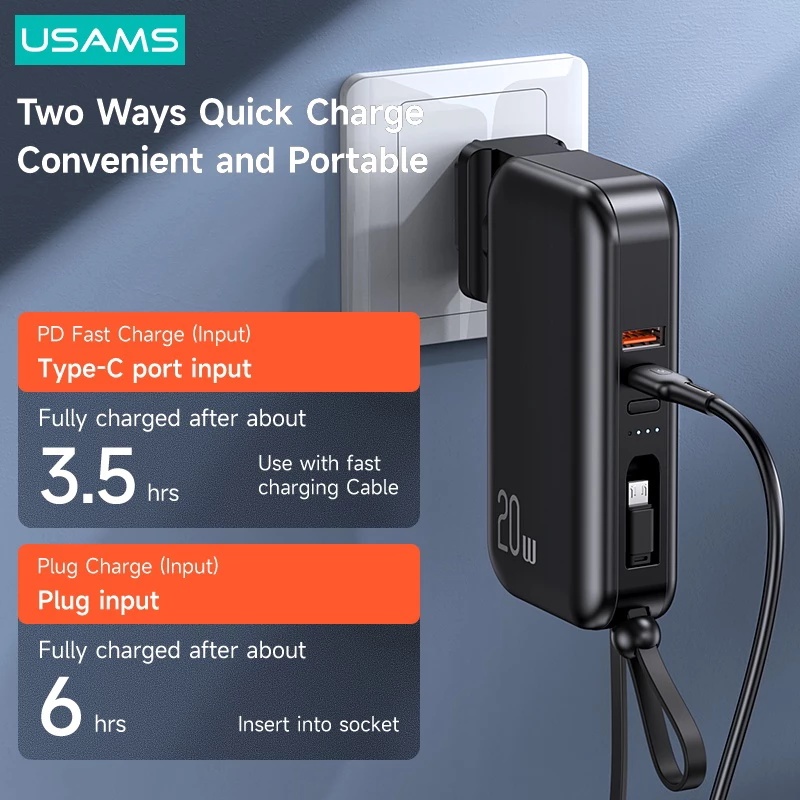 Pin Dự Phòng Sạc Nhanh USAMS PB63 EU + US  Máy Sạc Pin 3 Trong 1 Cáp 10000mAh 22.5W Kèm Dây Cáp