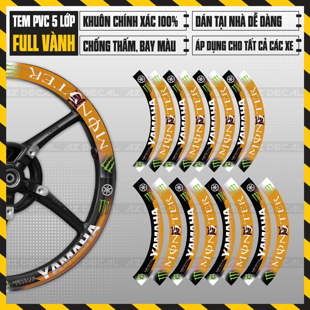 Tem Dán Kín Vành Mẫu Yamaha Monster | FullV18 | Decal Dán Mâm Xe Bám Dính Chắc, Chống Nước, Bền Màu