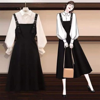 Set yếm váy Đen dài tiểu thư basic kèm áo sơ mi Trắng/Xanh Korea tay bồng ulzzang QC - Váy đi học, đi chơi HQ