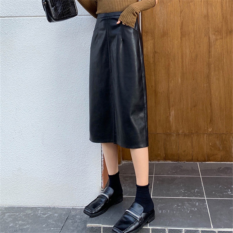 Chân Váy Da PU Lưng Cao Xẻ Tà Thời Trang Thu Đông 2022 Dành Cho Nữ