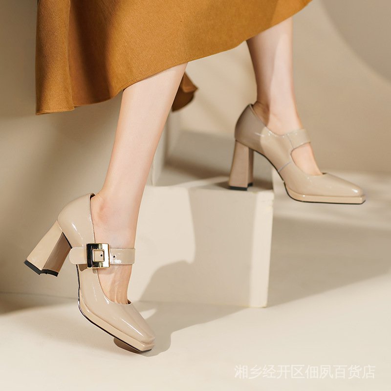 Giày Cao Gót Da Thật Mũi Vuông Đế Dày Chống Nước Có Dây Đeo Phong Cách Retro Cho Nữ PL72