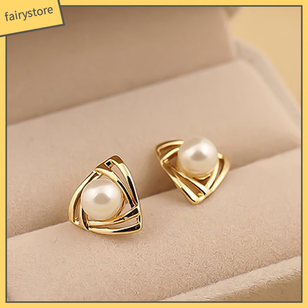 Khuyên tai mặt hình tam giác đính hạt ngọc trai nhân tạo thời trang cho nữ