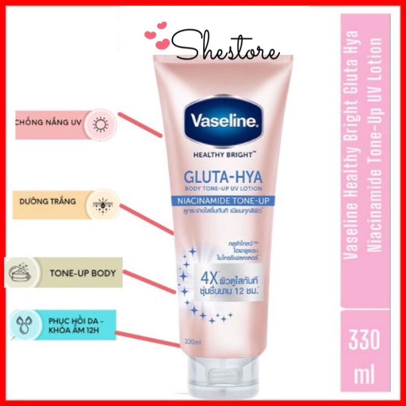 Sữa dưỡng thể trắng da toàn thân Vaseline Healthy Bright Gluta Hya Niacinamide Tone Up 4x size to 330ml