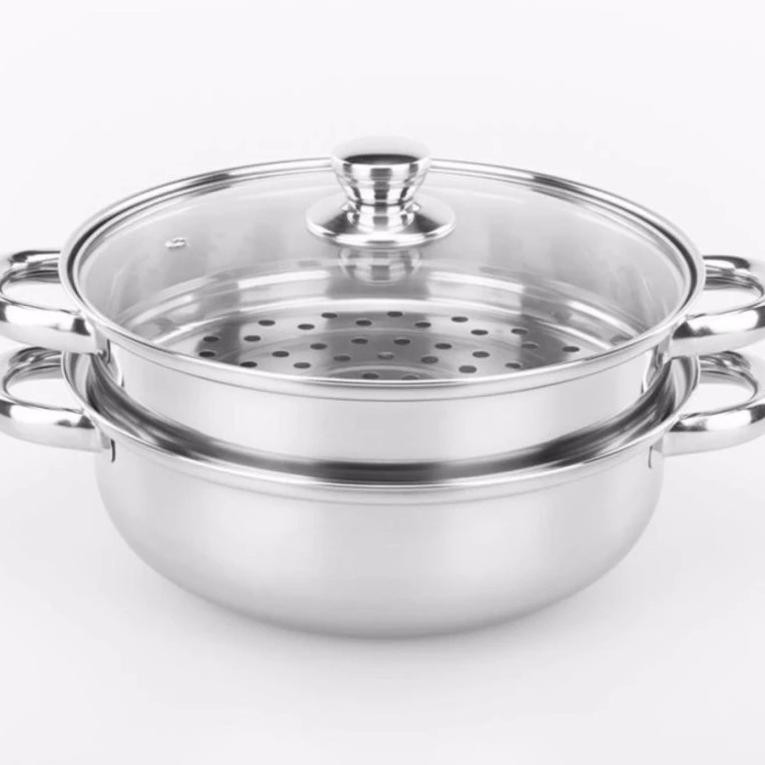 Bộ nồi và xửng hấp inox 28cm 2 trong 1 có nắp kính tiện lợi cao cấp