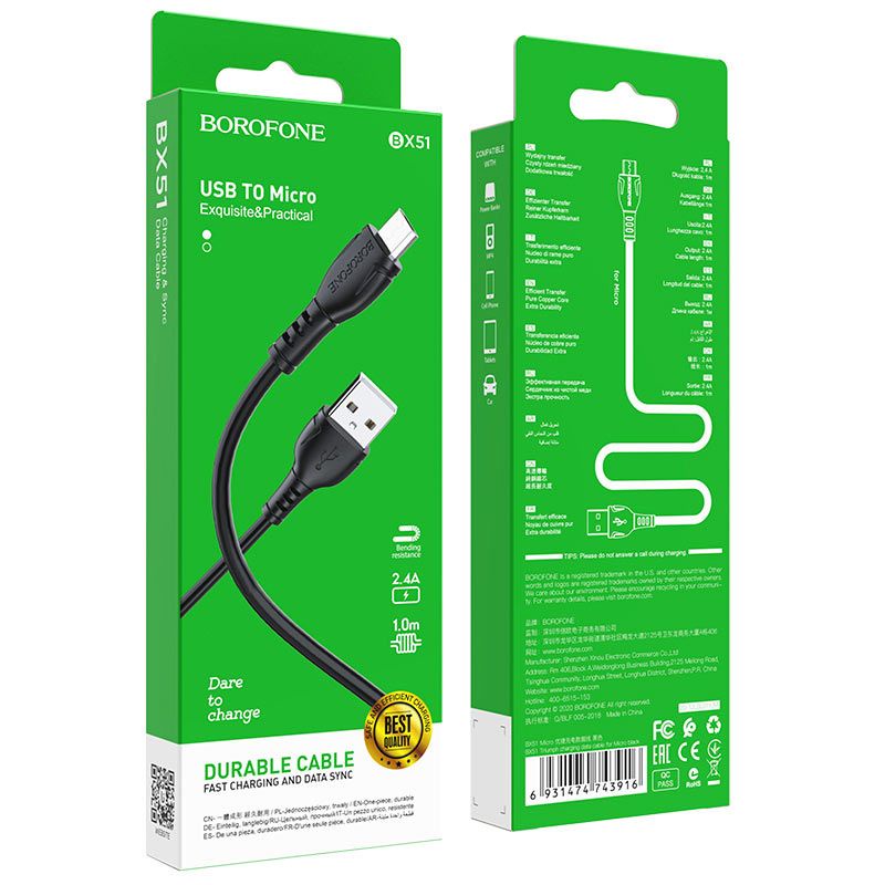 Dây Sạc Nhanh Micro, TypeC, I.P Dài 1M BX51, Cáp Sạc 2.4A Chính Hãng Bảo Hành 1 Năm