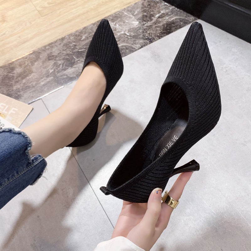 NEW Sale#Giày cao gót nữ đế nhọn mũi 2021 mùa thu Hàn Quốc khí chất sexy đen bay đan đơn . ! : : ' :