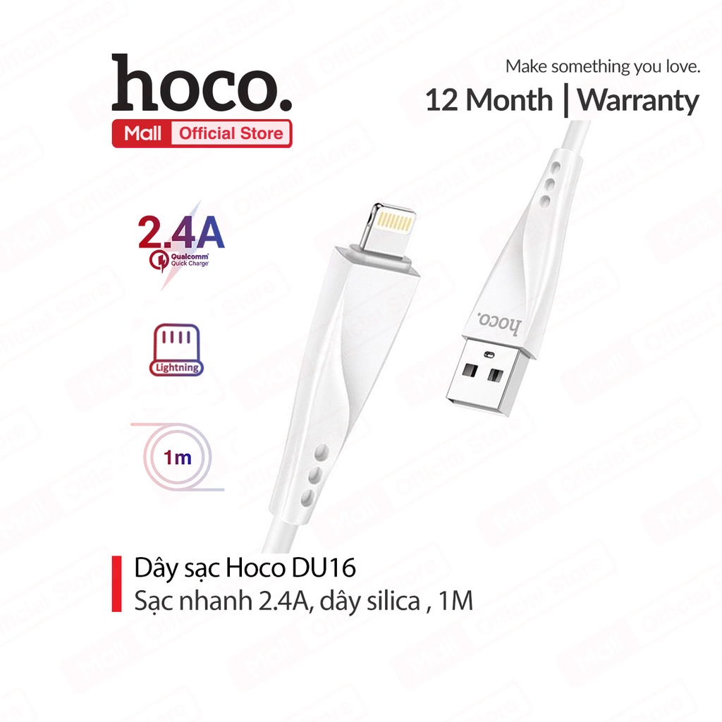 Cáp sạc 2.4A Hoco DU16 Lightning dây silica siêu bền chịu được nhiệt độ cao cho iPhone/iPad dài 1M