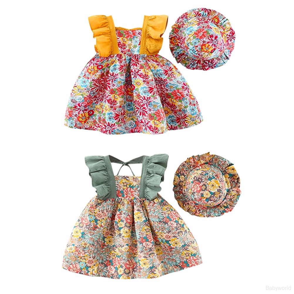 Đầm Hai Dây Họa Tiết Hoa Kèm Mũ Dáng Chữ A Xinh Xắn Cho Bé Gái
