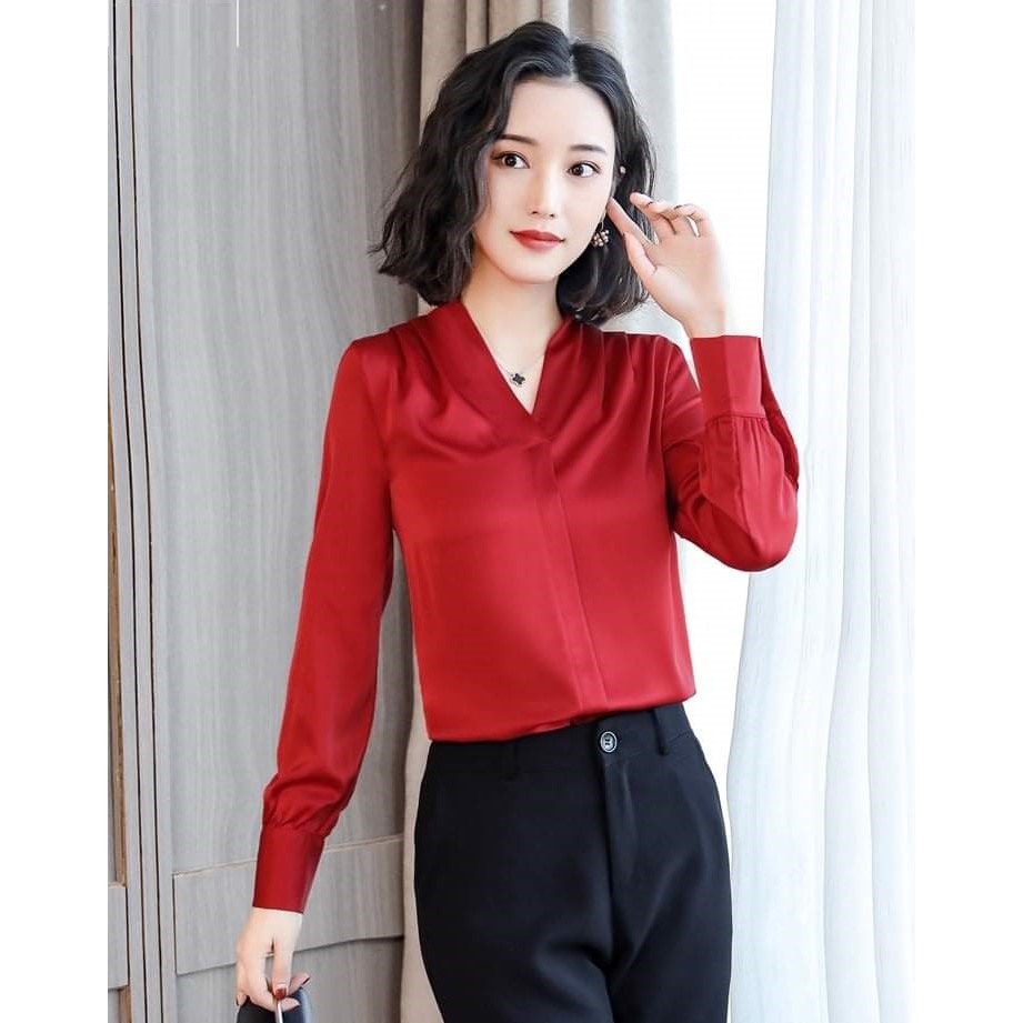 Áo Sơ Mi Nữ Kiểu Công Sở Cổ V Tay Dài - Vải Satin mềm mại lán mịn êm mát