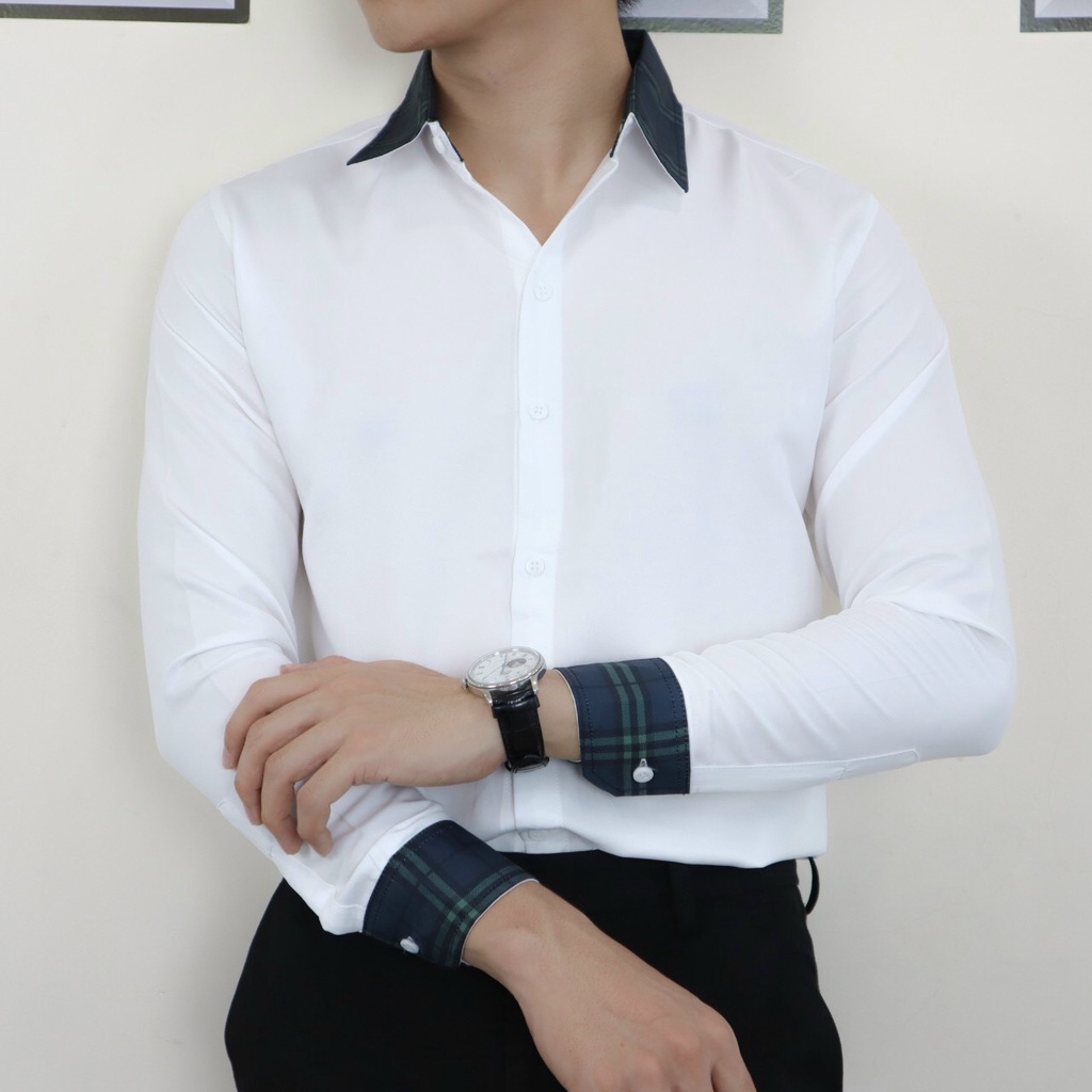 Áo sơ mi nam tay dài chất Kate lụa, phối sọc caro cổ và tay áo kiểu Hàn tôn dáng body trẻ trung lịch lãm thời trang