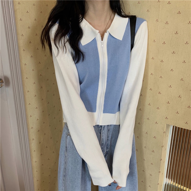 Áo Khoác cardigan Dệt Kim Tay Dài Có Khóa Kéo Màu Sắc Tương Phản Phong Cách Hàn Quốc Thời Trang Cho