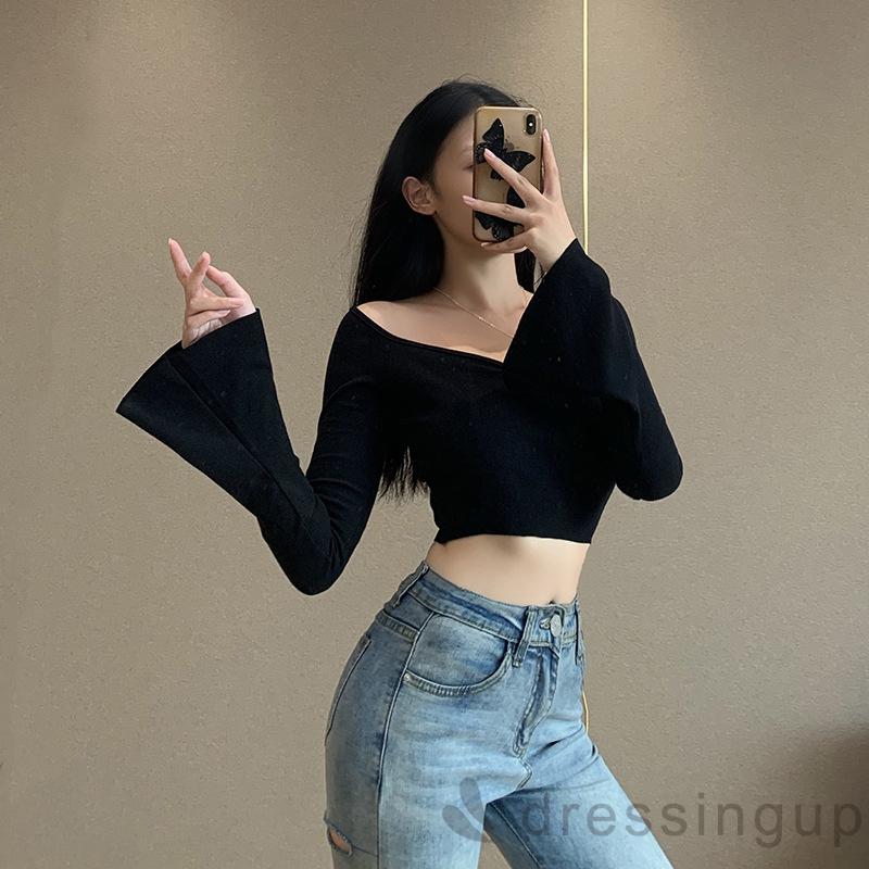 Áo Croptop Tay Loe Cổ Chữ V Màu Trơn Thanh Lịch