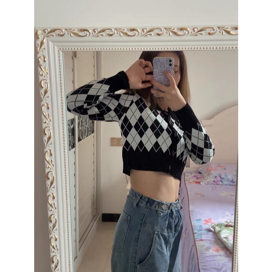 Áo Sweater polo len dài tay, Khoác len cảdigan croptop, cardigan lửng hoạ tiết quả trám caro | BigBuy360 - bigbuy360.vn
