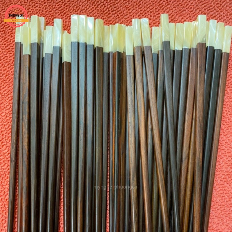 Đũa gỗ trắc đầu tròn, vuông gắn ốc biển [ bộ10 đôi ], đũa gỗ cao cấp chống trơn, chống mốc, bền màu | Mỹ nghệ phương chi