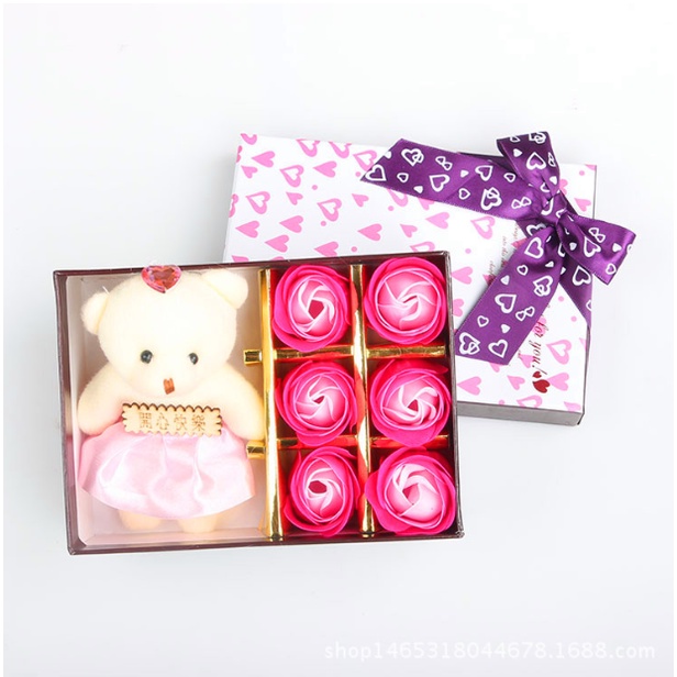 Hộp Quà Gấu Kèm 6 Hoa Hồng Sáp Các Màu, Thiệp - Quà Tặng Người Yêu, Người Thân,  Valentine, Mùng 8/3, Dịp Đặc Biệt