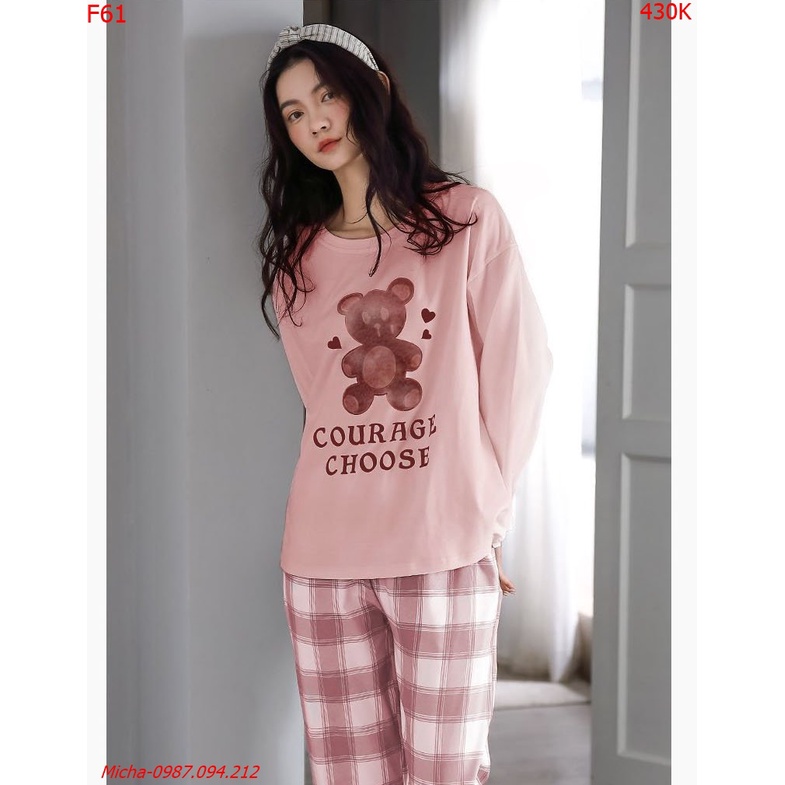 Bộ mặc nhà cotton dài tay gấu hồng (vải dày dặn) - Micha F61