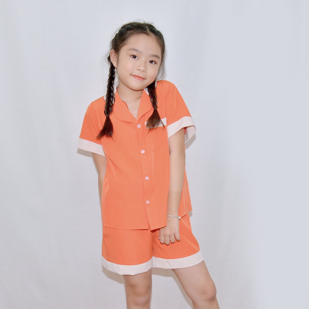 Bộ đồ ngủ pijama bé gáÍ MÀU CAM PHA CỔ - Vải lụa mềm mại, màu sắc tươi mới, mang lại cho bé cảm giác cực kỳ dễ chịu
