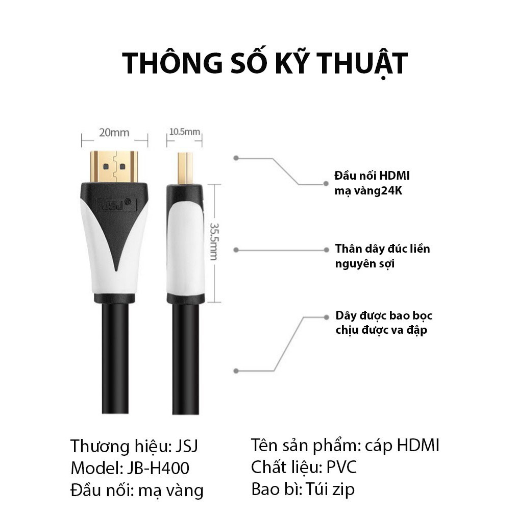 [Bán chạy nhất] Combo 2 cáp HDMI 2.0 JSJ JB-H400 dài 1.8m - 15m chất lượng hình ảnh sắc nét lên tới 4K, hỗ trợ 3D IMAX m