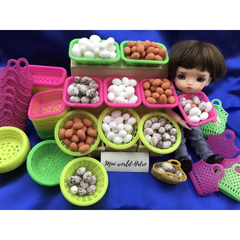 Combo rổ rá giỏ nhựa đi chợ trứng gà vịt cút mini tí hon mô hình dùng cho trang trí nhà búp bê BJD Barbie tỉ lệ 1/12,1/8